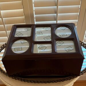NWOT BOMBAY Photo Storage Box In Dark Wood, Glass Frames On Lid, 1996